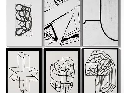 Abstract Black And White Line Artworks Framed With Black Borders And Geometric Patterns 3d model