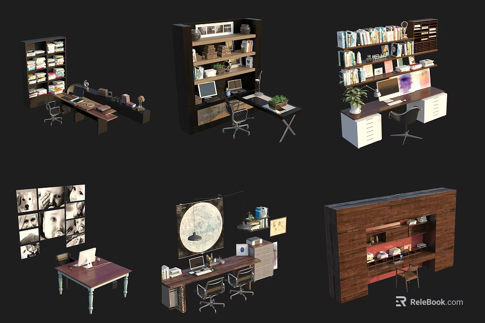 Various Styles of Home Office Desks With Bookshelves Computer Chair And Decorative Elements 3d model 