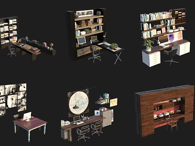Various Styles of Home Office Desks With Bookshelves Computer Chair And Decorative Elements 3d model