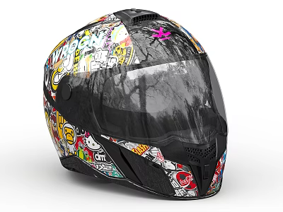 Stylish Motorcycle Helmet With Colorful Stickers And Transparent Visor Design 3d model