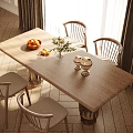 Minimalist Wooden Dining Table Set with Four Chairs Fruit Basket Vase Flowers and Candle Holders