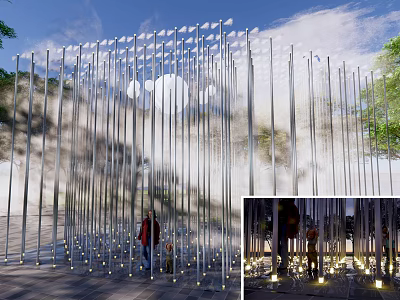 Modern Garden Sculpture Installation With Metal Poles Mist Effect And Outdoor Lighting 3d model