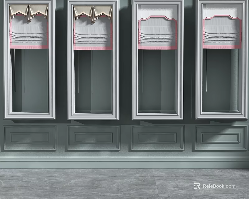 Pink And White Pleated Curtains For Multiple Windows With Gray Frames 3d model