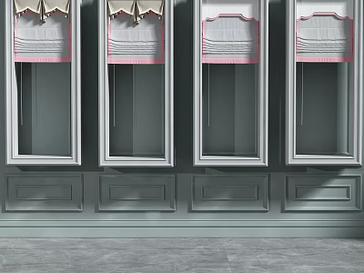 Pink And White Pleated Curtains For Multiple Windows With Gray Frames 3d model