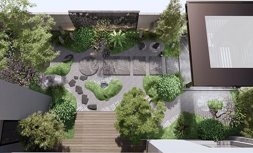 New Chinese Courtyard Zen Courtyard Garden Stone Wall Pavilion Landscape Tree Shrub Outdoor Sofa Dead Rock Courtyard 3d model