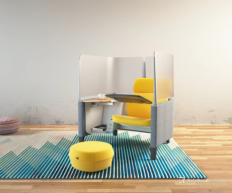 Yellow Leisure Chair with Matching Stool on Blue Green Wavy Pattern Rug Wooden Floor 3d model 