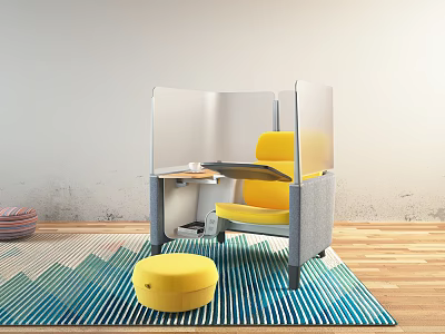 Yellow Leisure Chair with Matching Stool on Blue Green Wavy Pattern Rug Wooden Floor 3d model