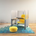 Yellow Leisure Chair with Matching Stool on Blue Green Wavy Pattern Rug Wooden Floor