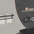 Wall Mounted Shelves on Gray Wall with Folded Towels White Containers Toiletries and Minotti Sign