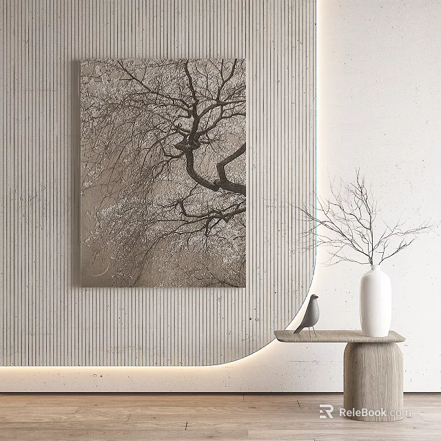 Interior Wall With Tree Branch Painting Small Table White Vase Leafless Branches Bird Figurine 3d model