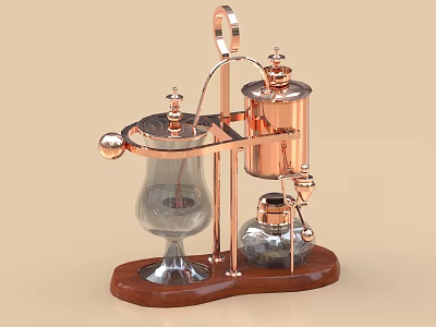 Stylish Copper Kitchenware with Glass Container and Wooden Base for Coffee Brewing 3d model