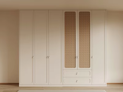 Modern White Wardrobe with Rattan Panel Doors and Bottom Drawer for Bedroom Storage 3d model