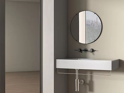 Minimalist Bathroom Wall Mounted Washbasin With Circular Mirror And Modern Faucet 3d model