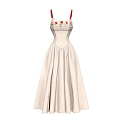 Elegant Beige Dress With Red Straps Decorative Chest Details And Flowy Skirt