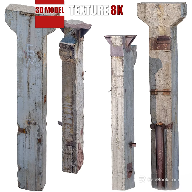 Grayish White Concrete Ground with Worn Rusty Pillars and Metal Structures 3d model