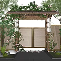 Delightful Garden Ornament With Vine Covered Roof Bamboo Gate Hanging Lanterns Pink Flowers And Greenery
