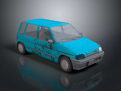 Blue Old Small Car with Rusty Body Worn Paint and Vintage Design Features 3d model