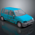 Blue Old Small Car with Rusty Body Worn Paint and Vintage Design Features