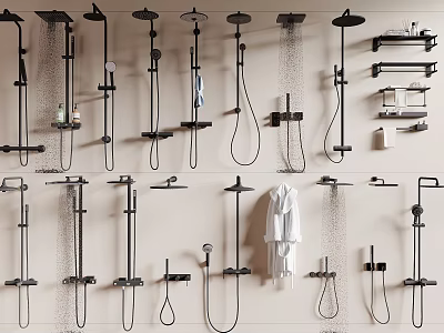 Modern Black Shower Systems with Rainfall and Handheld Heads and Storage Shelves 3d model