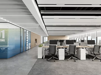Modern Public Office Space Interior With Multiple Workstations Computers Black Office Chairs And Glass Partitions 3d model