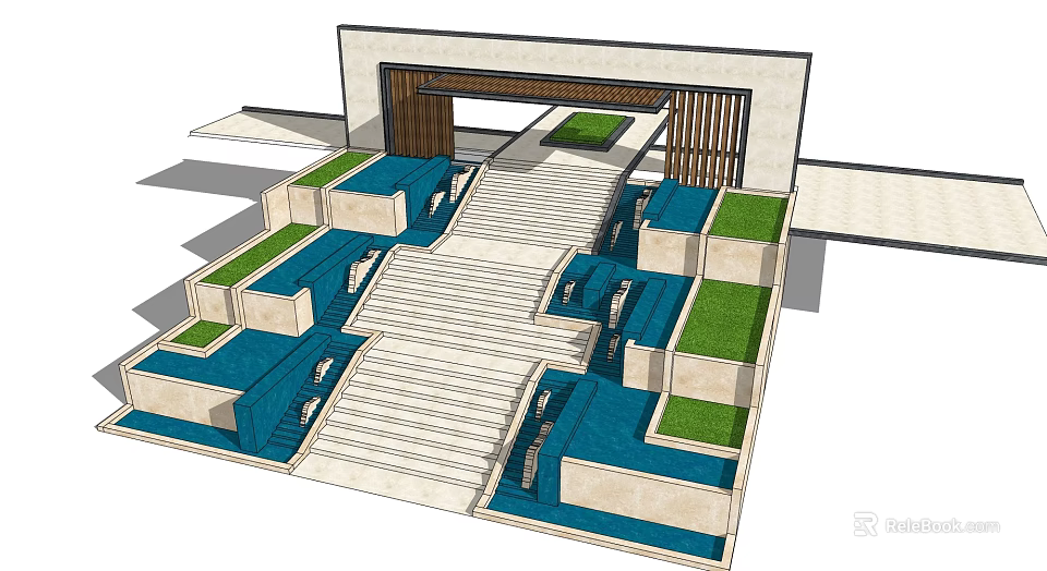 Modern Building Facade With Stone Steps Water Features And Green Plants 3d model 