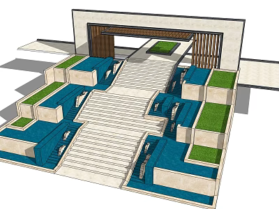 Modern Building Facade With Stone Steps Water Features And Green Plants 3d model