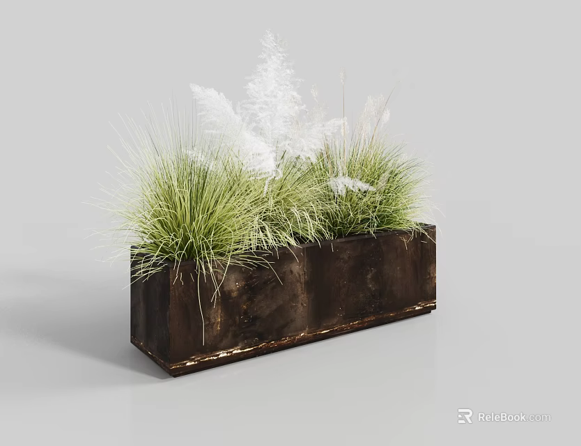 Bonsai Potted Plant In Rectangular Brown Planter With Green Grass And White Feathery Foliage 3d model 