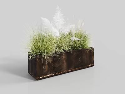 Bonsai Potted Plant In Rectangular Brown Planter With Green Grass And White Feathery Foliage 3d model
