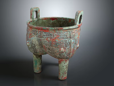 Ancient Bronze Tripod Cauldron With Intricate Patterns Double Handles And Green Patina 3d model