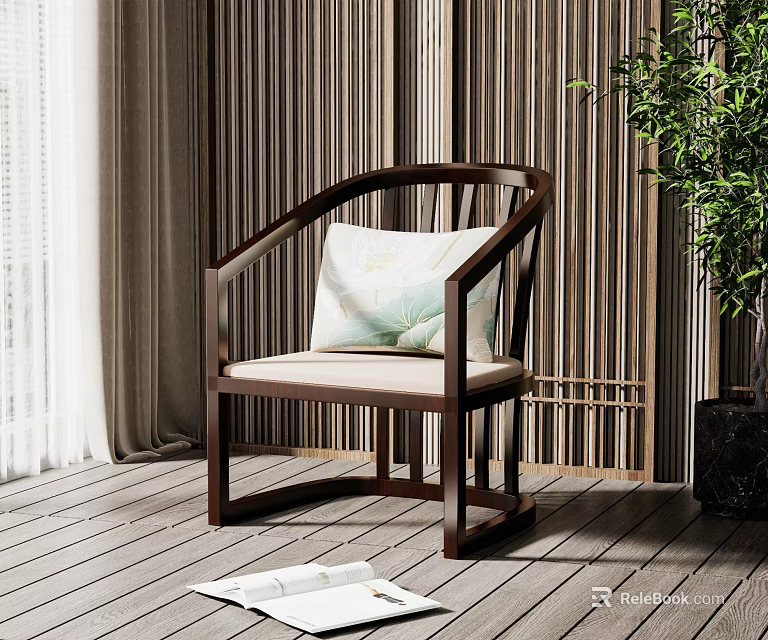 Modern Chinese Style Wooden Armchair With Light Cushion And Green Plant By Striped Wall 3d model 