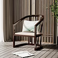 Modern Chinese Style Wooden Armchair With Light Cushion And Green Plant By Striped Wall