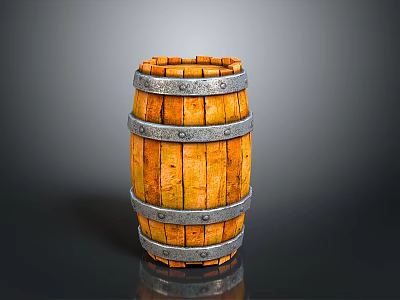 Rustic Wooden Barrel With Metal Hoops And Natural Wood Grain Texture 3d model