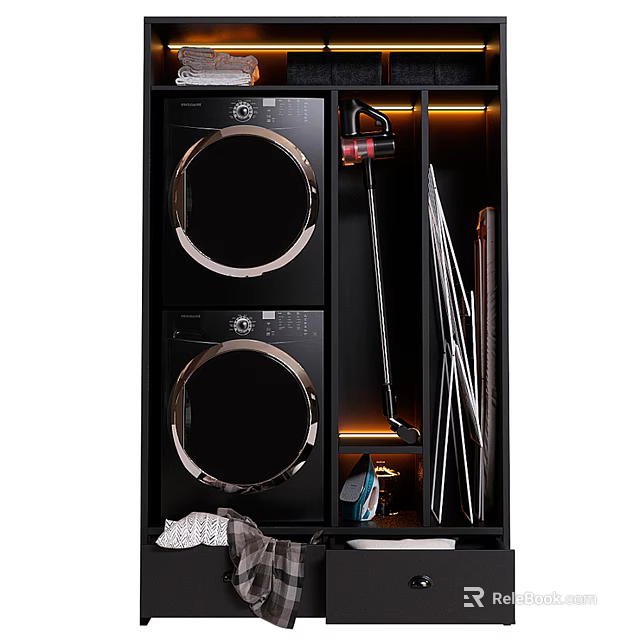 Modern Storage Cabinet Interior With Double Washing Machines Cleaning Tools And LED Lighting 3d model 