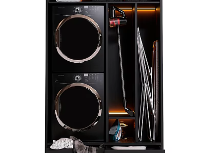 Modern Storage Cabinet Interior With Double Washing Machines Cleaning Tools And LED Lighting 3d model