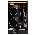 Modern Storage Cabinet Interior With Double Washing Machines Cleaning Tools And LED Lighting