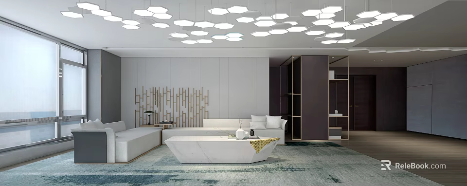 Modern Luxury Living Room With Geometric Ceiling Lights Marble Coffee Table And Soft White Sofa 3d model 