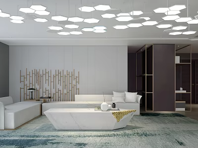 Modern Luxury Living Room With Geometric Ceiling Lights Marble Coffee Table And Soft White Sofa 3d model