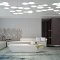 Modern Luxury Living Room With Geometric Ceiling Lights Marble Coffee Table And Soft White Sofa