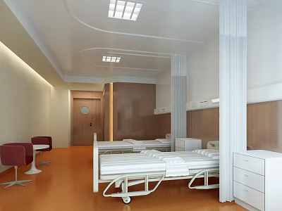 Modern Hospital Ward Interior With Beds Chairs Orange Flooring And White Walls 3d model