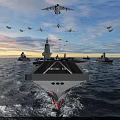 Aircraft Carrier Leading Naval Fleet With Destroyers And Carrier-Based Aircraft Sailing At Sea