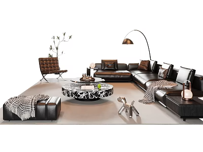 Modern Luxury Leather Sofa And Coffee Table Set With Marble Top Floor Lamp And Armchair 3d model