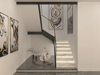 Modern Interior Stairs Featuring Glass Railing Illuminated Marble Steps And Artwork 3d model