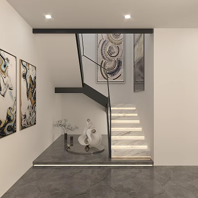 Modern Interior Stairs Featuring Glass Railing Illuminated Marble Steps And Artwork 3d model