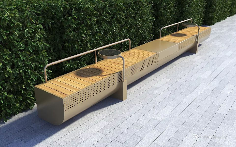 Outdoor Landscape Bench With Wooden Seat Metal Frame Armrests Cup Holders And Green Plant Background 3d model 