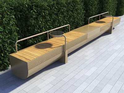 Outdoor Landscape Bench With Wooden Seat Metal Frame Armrests Cup Holders And Green Plant Background 3d model
