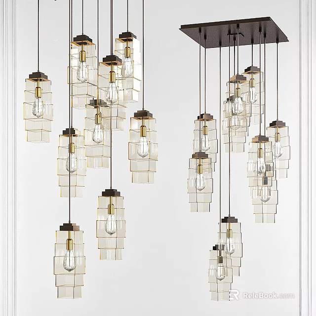 Modern Glass Cube Chandeliers With Metal Accents For Multiple Hanging Interior Design 3d model 