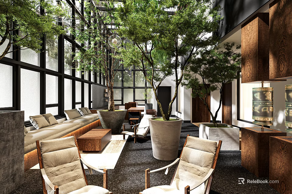 Bright Lounge Area With Large Windows Natural Light Potted Trees Comfortable Sofas And Wooden Decor 3d model 