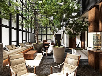 Bright Lounge Area With Large Windows Natural Light Potted Trees Comfortable Sofas And Wooden Decor 3d model