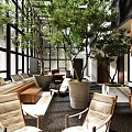 Bright Lounge Area With Large Windows Natural Light Potted Trees Comfortable Sofas And Wooden Decor