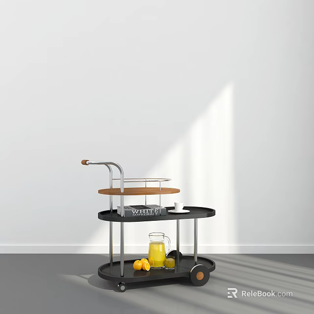Wheeled Cart With Two Tiers Wooden Tray Book Cup Glass Jar Orange Juice And Lemons 3d model 